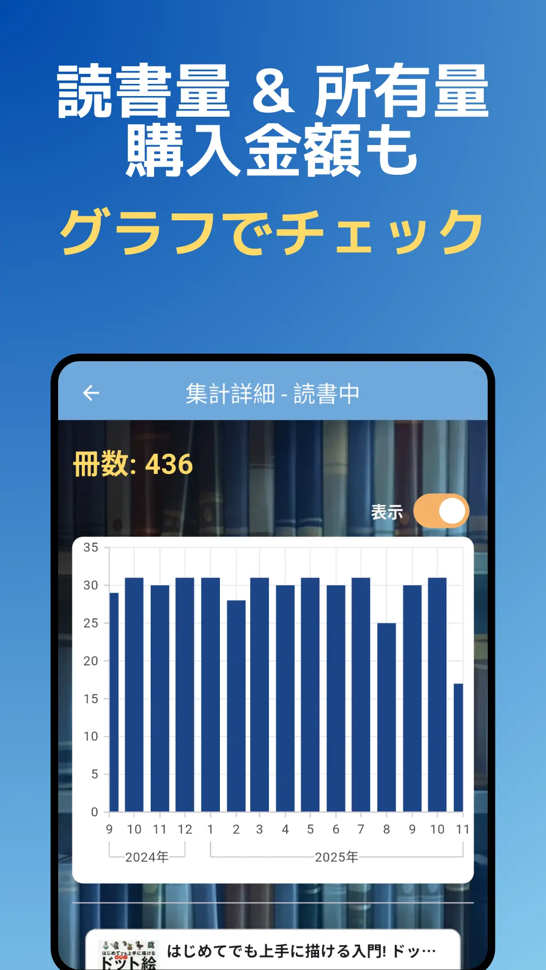 アプリ内に登録した書籍が集計されて棒グラフになっているスマホ画面